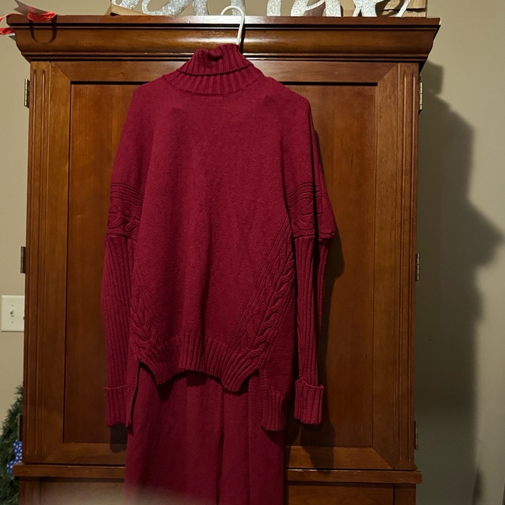 Chic Burgundy Women's Sweater Turtleneck Top and Pants - Picture 5 of 5